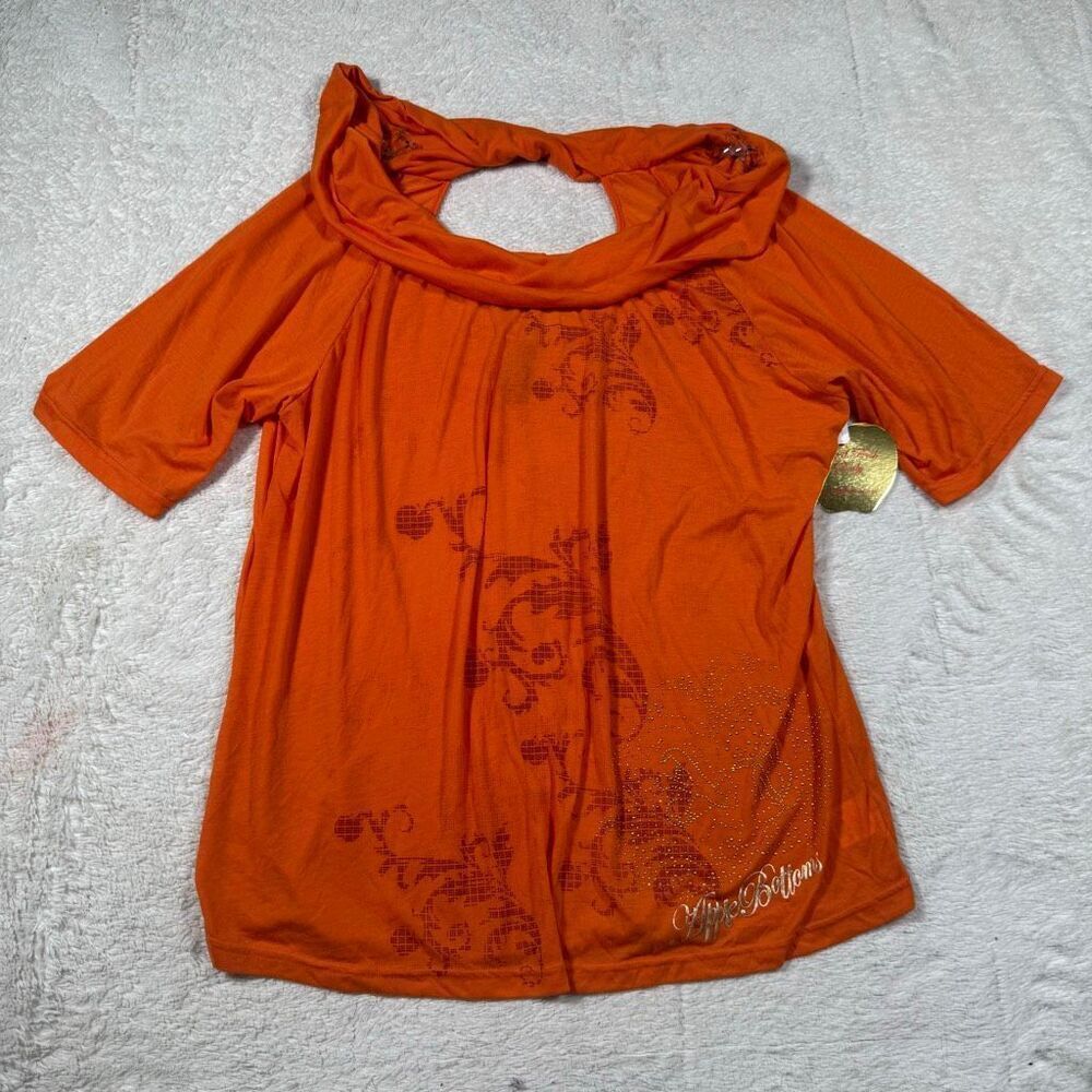 Y2K Apple Bottoms Orange Rhinestone Graphic Top 2000s Mall Glam Blouse